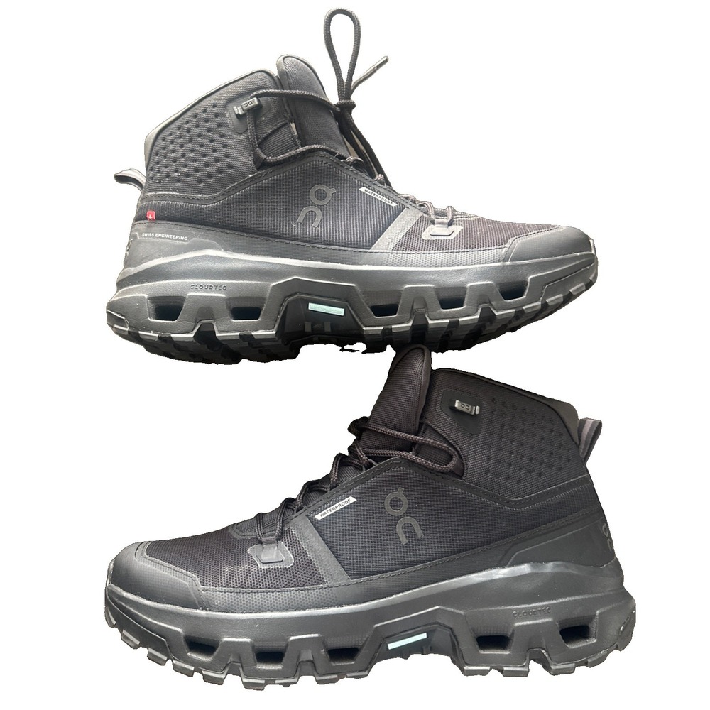 On Cloud Cloudrock Trek Waterproof Black Boots Mens Size 11.5 Mid Hiking Shoes